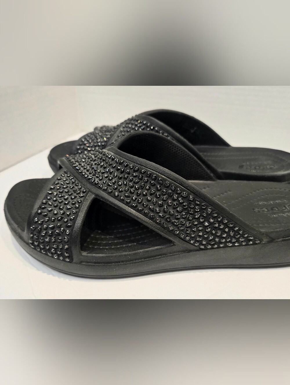 CROCS Sloane Black Crystal-Studded Criss-Cross Slide Sandals